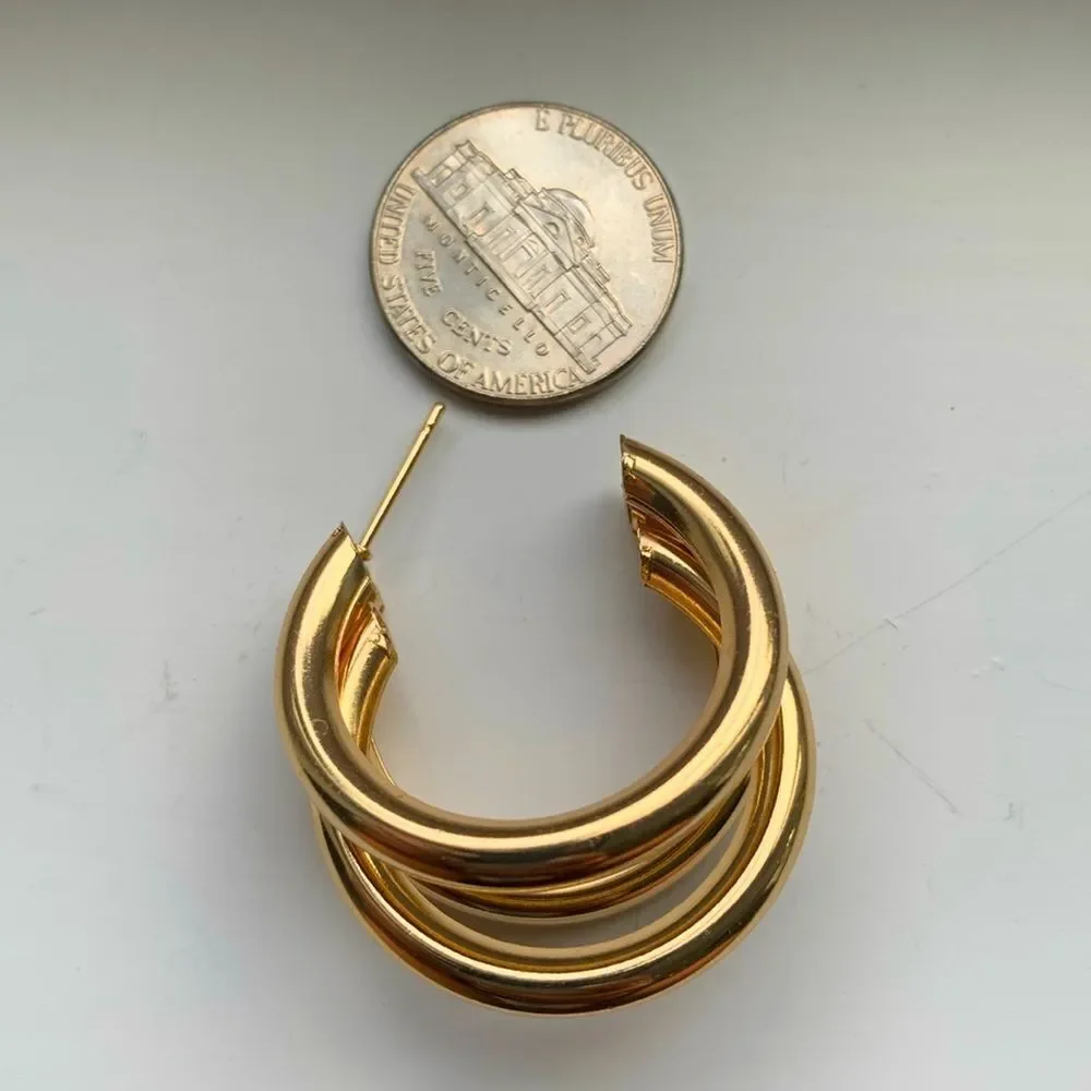 Hollow Triple Hoop 14k Gold Plated Earrings Tri Hoop Earrings